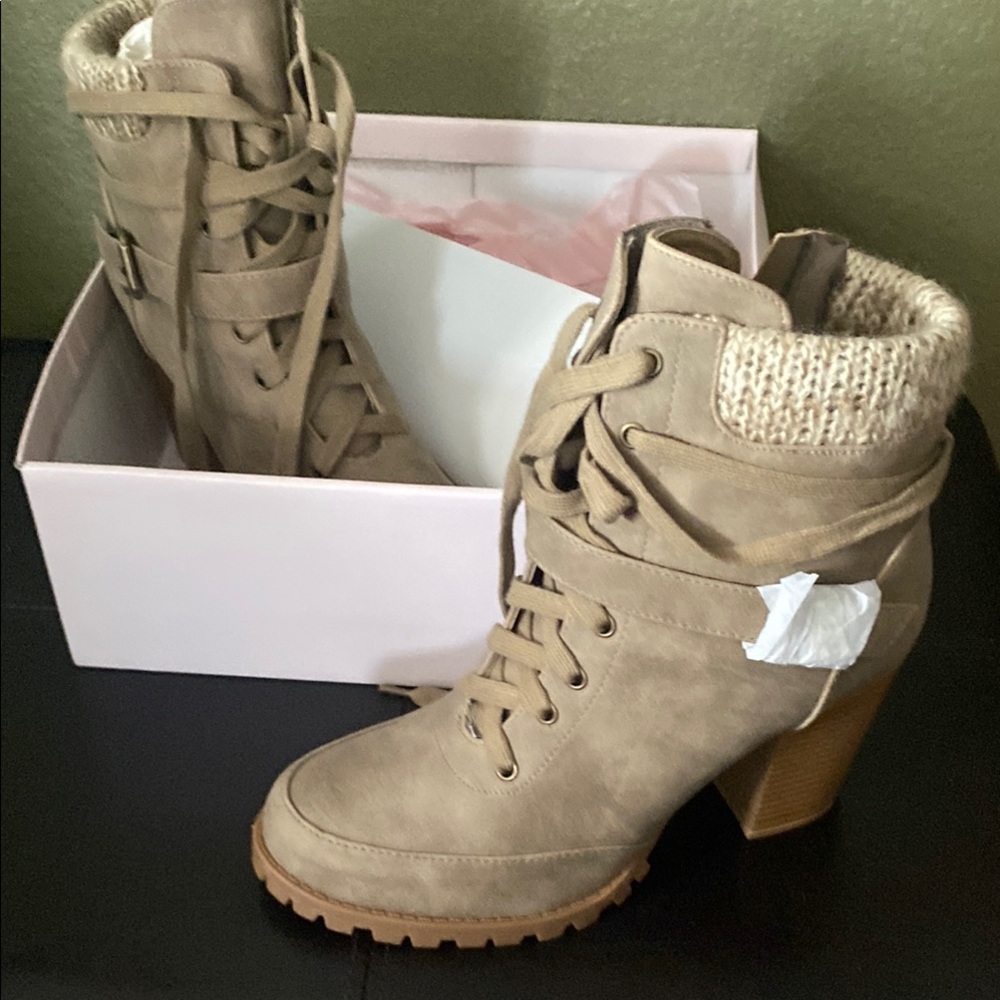 Tan Lace Up Boots with Chunky Heel